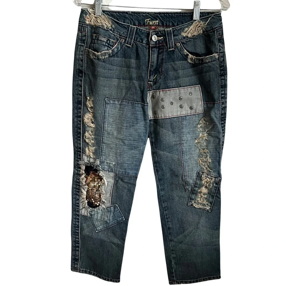 LF Furst of A‎ Kind Denim Patched Crop Straight Upcylced Denim Jeans